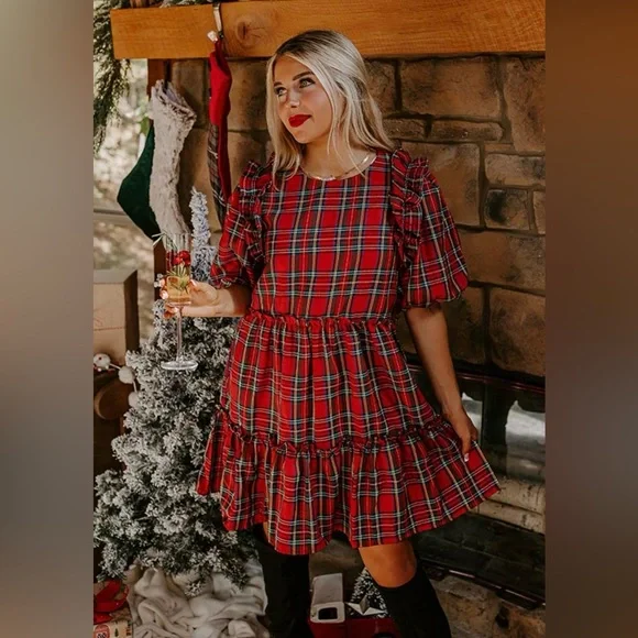 entro red plaid dress Entro Plus Size Plaid Puff Sleeve Midi Dress with Waist Tie in Holiday Red